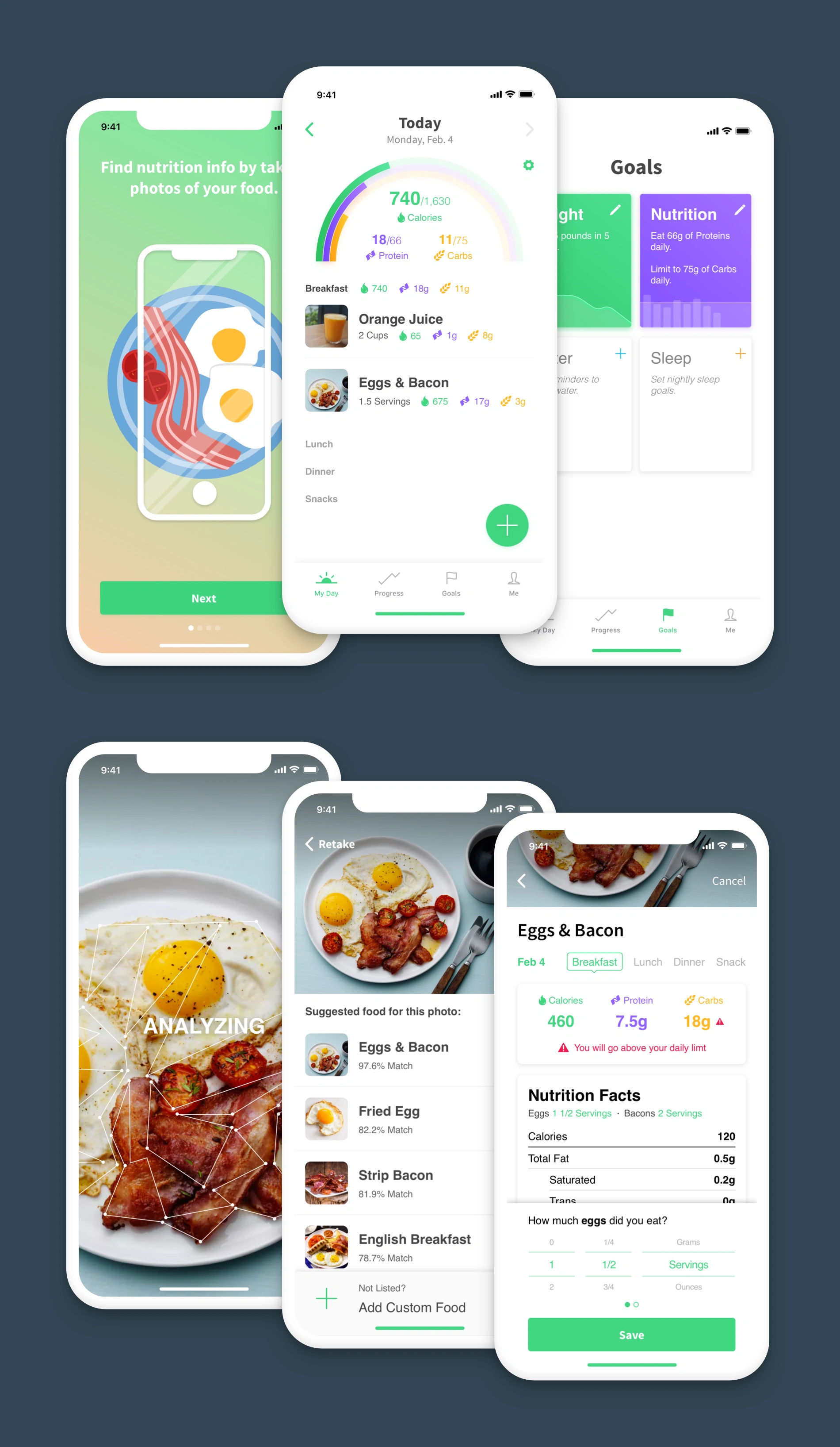 Final high-fidelity UI designs showing the polished nutrition app interface